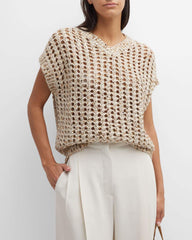 Metallic Paillette Net-Knit Cap-Sleeve Sweater
