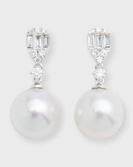 18K White Gold 10.5mm South Sea Pearl Earrings with Diamond Rounds and Baguettes